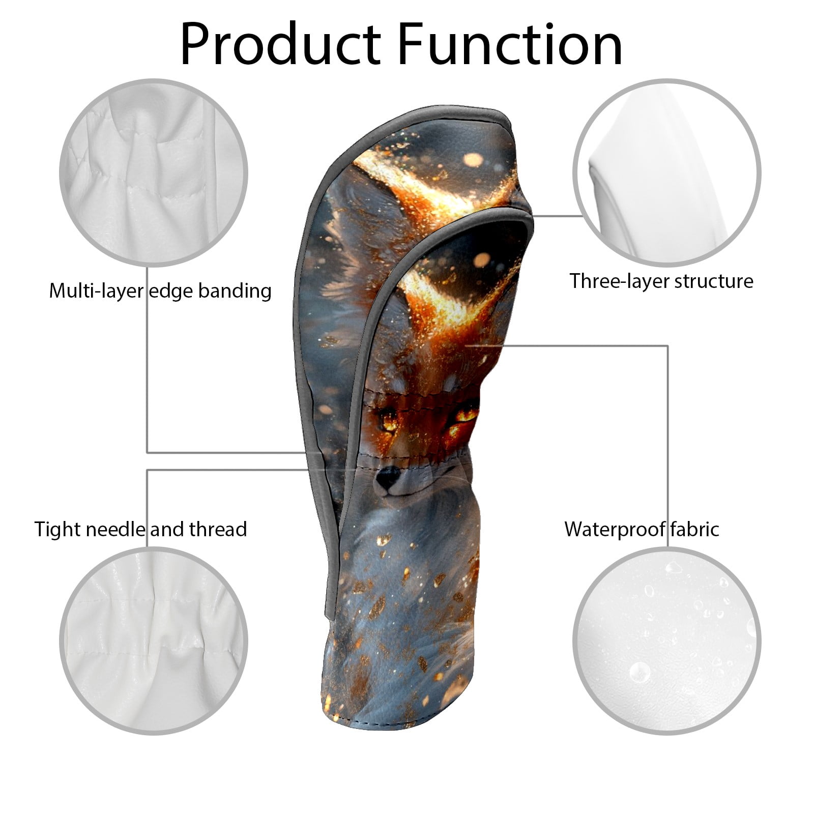 Golf Club Covers PU Leather Waterproof Head Covers for Fairway Woods Hybrids Glowing Fox Unisex Fits Most Brands