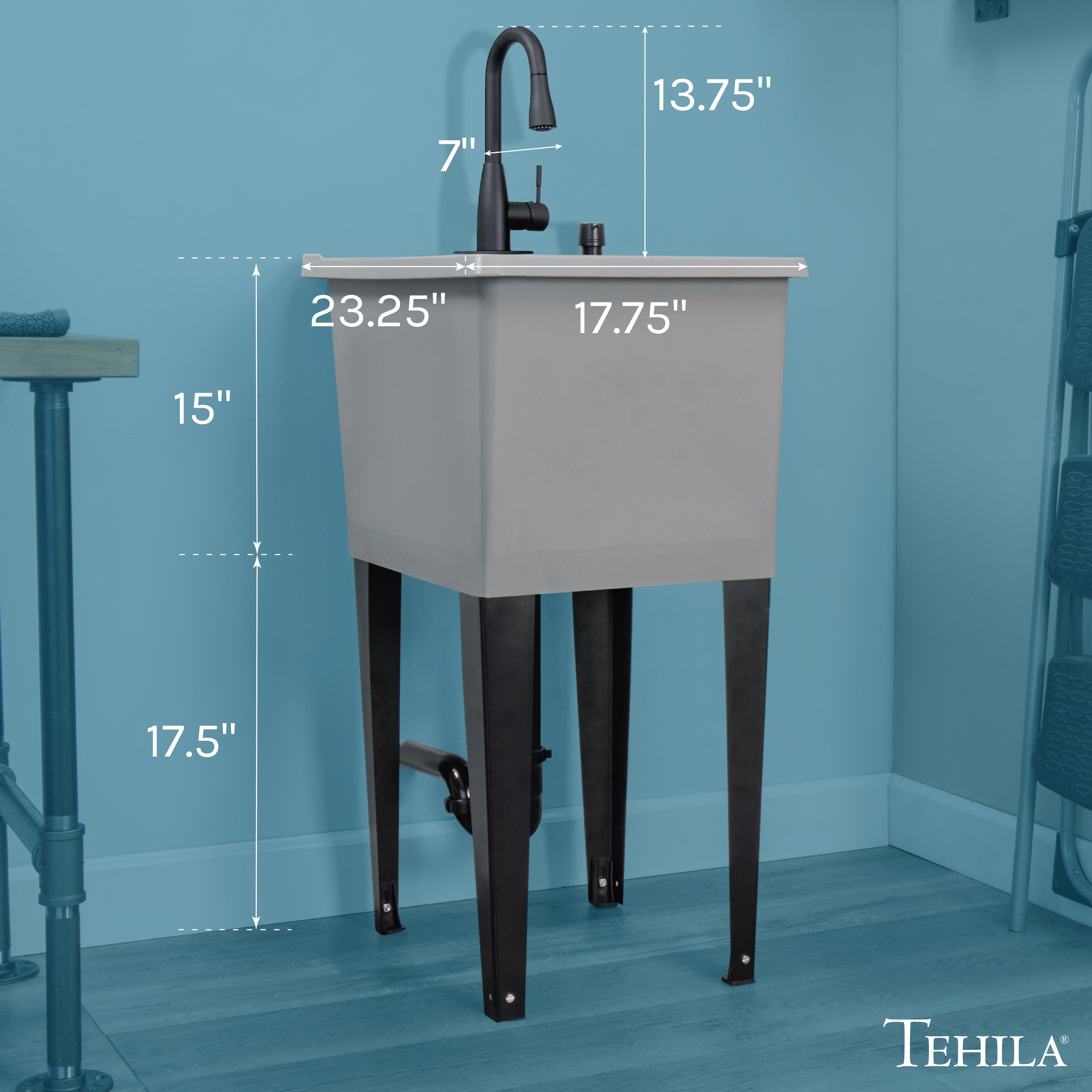 TEHILA Space Saver 16 Gallon Grey Utility Sink with Black Pull-Down Faucet with Pause Mode