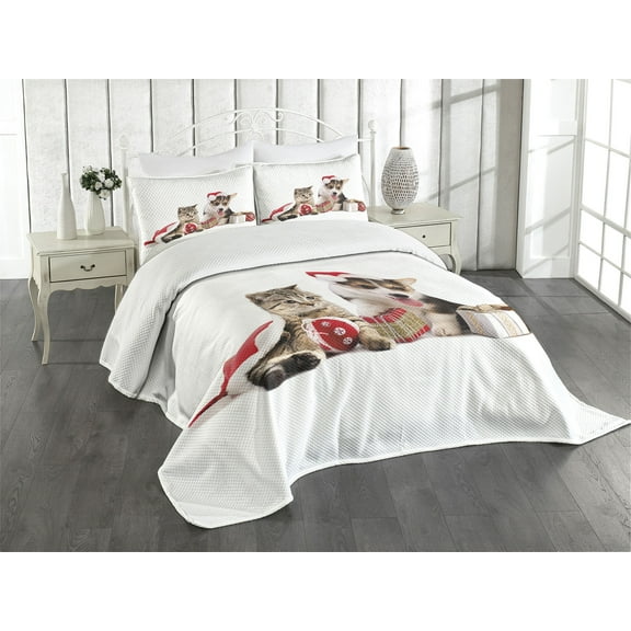 Ambesonne Christmas Quilted Bedspread Set 3 Pcs, Dog Cat with Presents, Queen Size, White Brown Red