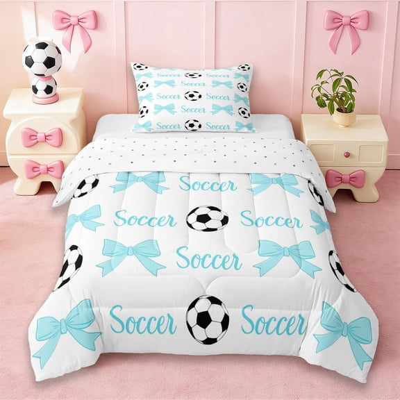 Erosebridal Blue Ribbon Bow Twin Comforter Sets For Girls Teens,Kids Football Soccer Pattern Bedding Set,Reversible Black 2pcs