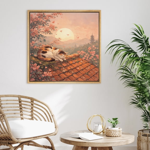 Framed Canvas Print Cat Wall Art Nature Landscape Decorative for Living Room Bedroom - 16"x16" NATURAL