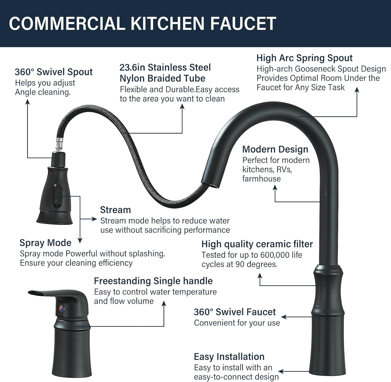 Black Kitchen Faucet Single Hanle 2Hole Sink Mixer Faucet Pull Out/Down Sprayer