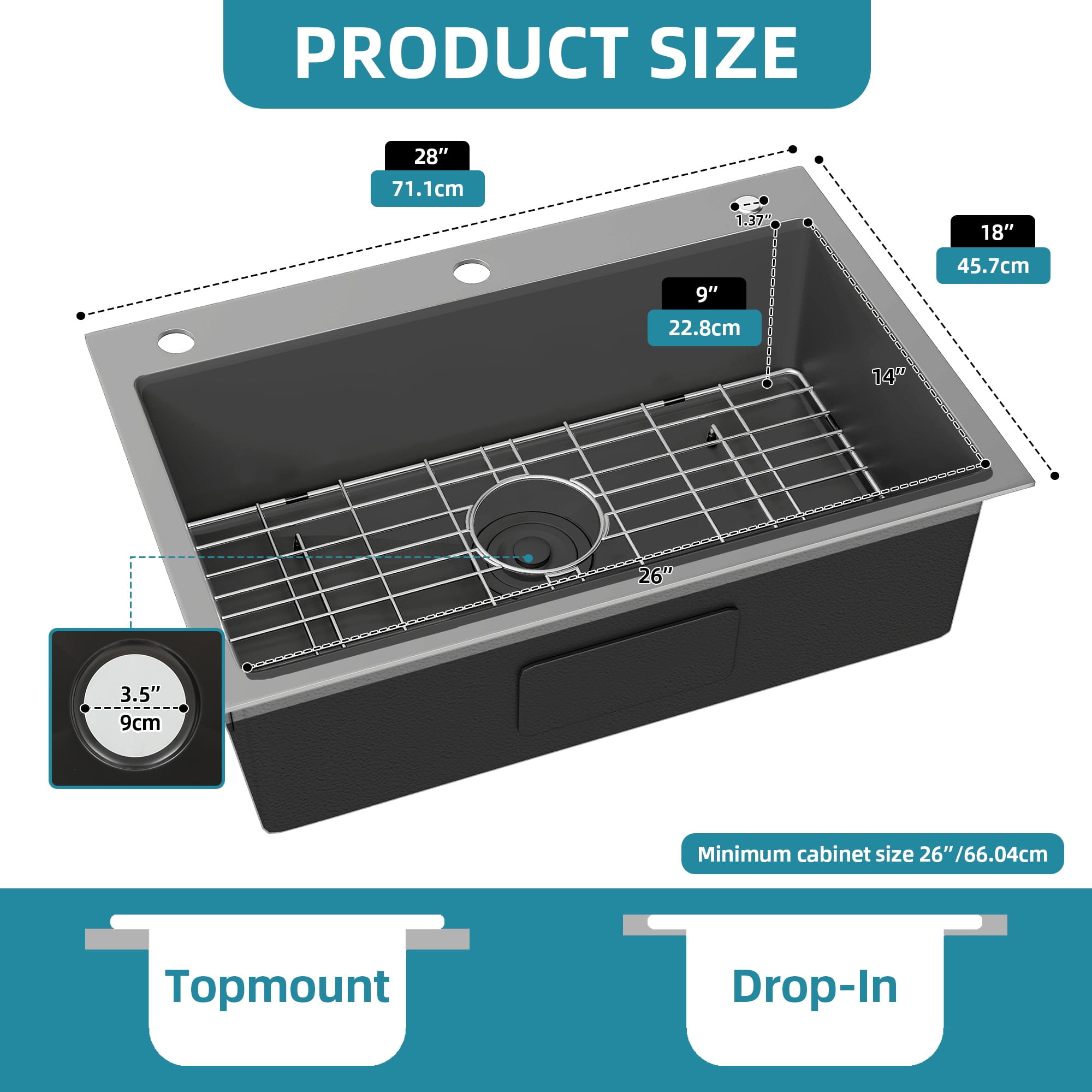 Uforic 28 In Drop-In Kitchen Sink, Stainless Steel Top Mount Single Bowl with Sink Protector, Nano Gunmetal Finish for Workstation, Prep Kitchen, or Bar