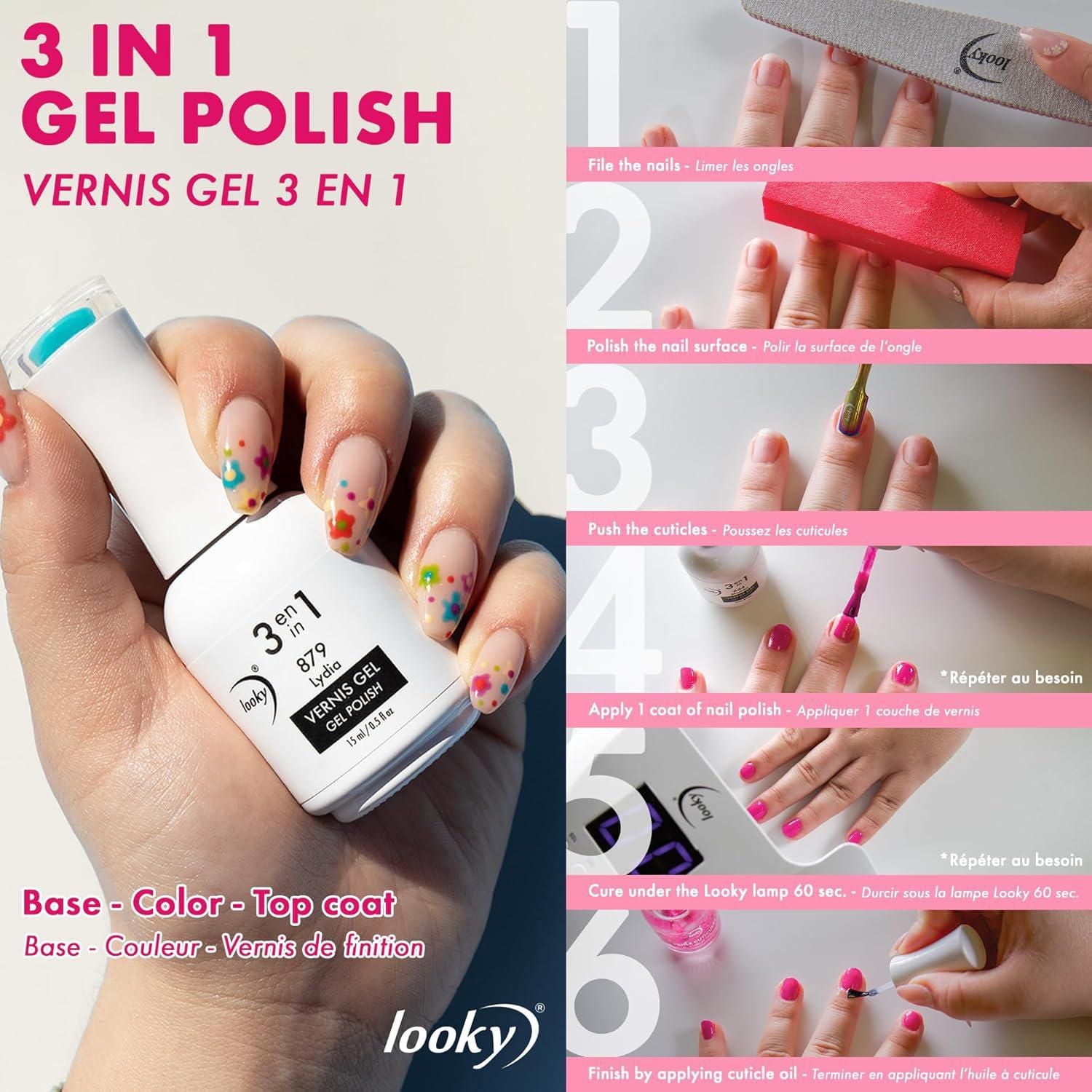 Looky Vernis à ongles gel 3-en-1 combinant base/couleur/couche de finition, résultat professionnel à la maison, application facile, séchage rapide UV/DEL, longue tenue, 15 ml, 16+ teintes 3 etapes dans 1 bouteille