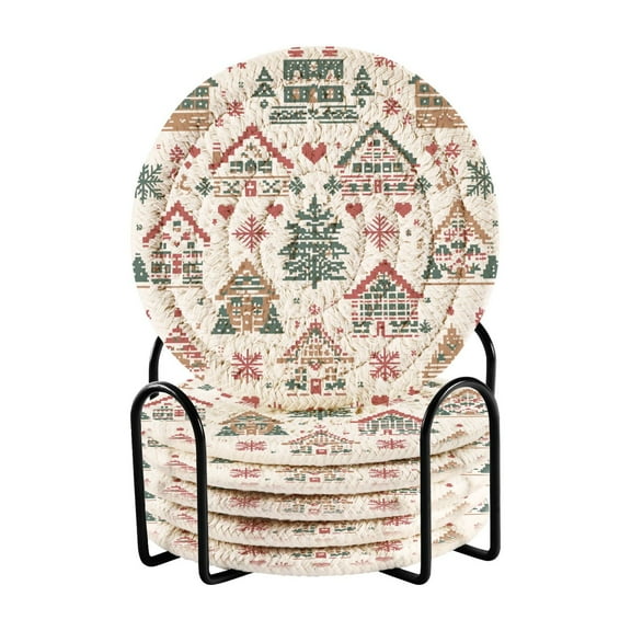 Yayeee 6 PCS Drink Coasters with Holder Set Woven Absorbent Round Tabletop Hot Pad, Beige Nordic Christmas House
