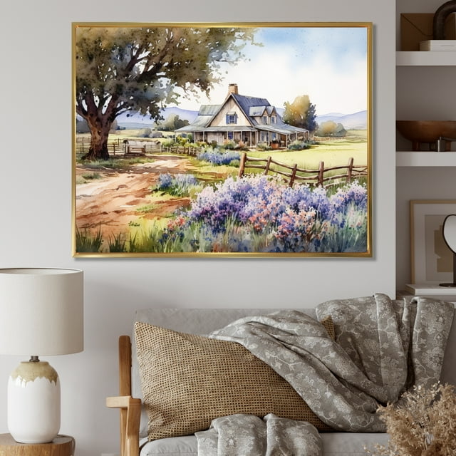 Designart Trees Oversized framed wall art decor, Tree Gold framed wall art, Majestic Oak Tree At The Farm Rustic Landscape , Purple Traditional Gold framed wall art, 44x34 inches Gold Frame