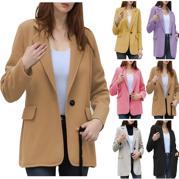 Womens Solid Color Blazer Notched Lapel One Buttoned Mid-Length Coat Causal Business Office Open Front Jacket Peacoat