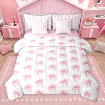 Homewish Girls Bow Knot 7pcs Bedding Comforter Set,Princess Cartoon Bowtie Queen Bedding Sets,White Pink Queen Sheet Sets For Kids,Luxury Bedroom Decor Reversible