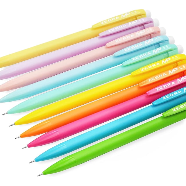 Zebra MP Mechanical Pencil - 0.5mm Fine Nib - Graphite Lead - Pastel and Neon Set of 10