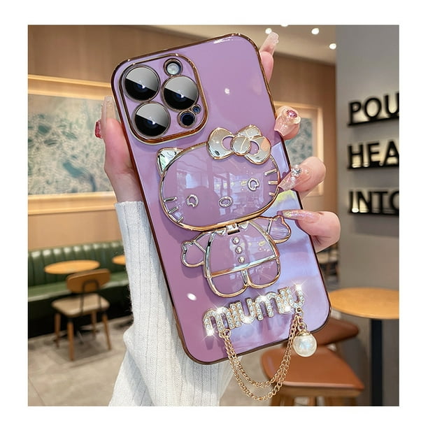 Popular entre las niñas, caja de teléfono de TPU con espejo de maquillaje de gato 3D de Hello Kitty lindo con diamantes de imitación para iPhone 15 14 13 12 11 Pro max con soporte