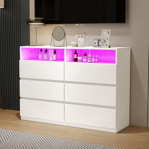 6 Drawer White Dresser with LED Lights & Charging Station, Modern Double Wide Chest for Bedroom, Closet & Kids Room, Clothes Storage Cabinet with Open Shelf for Living Room