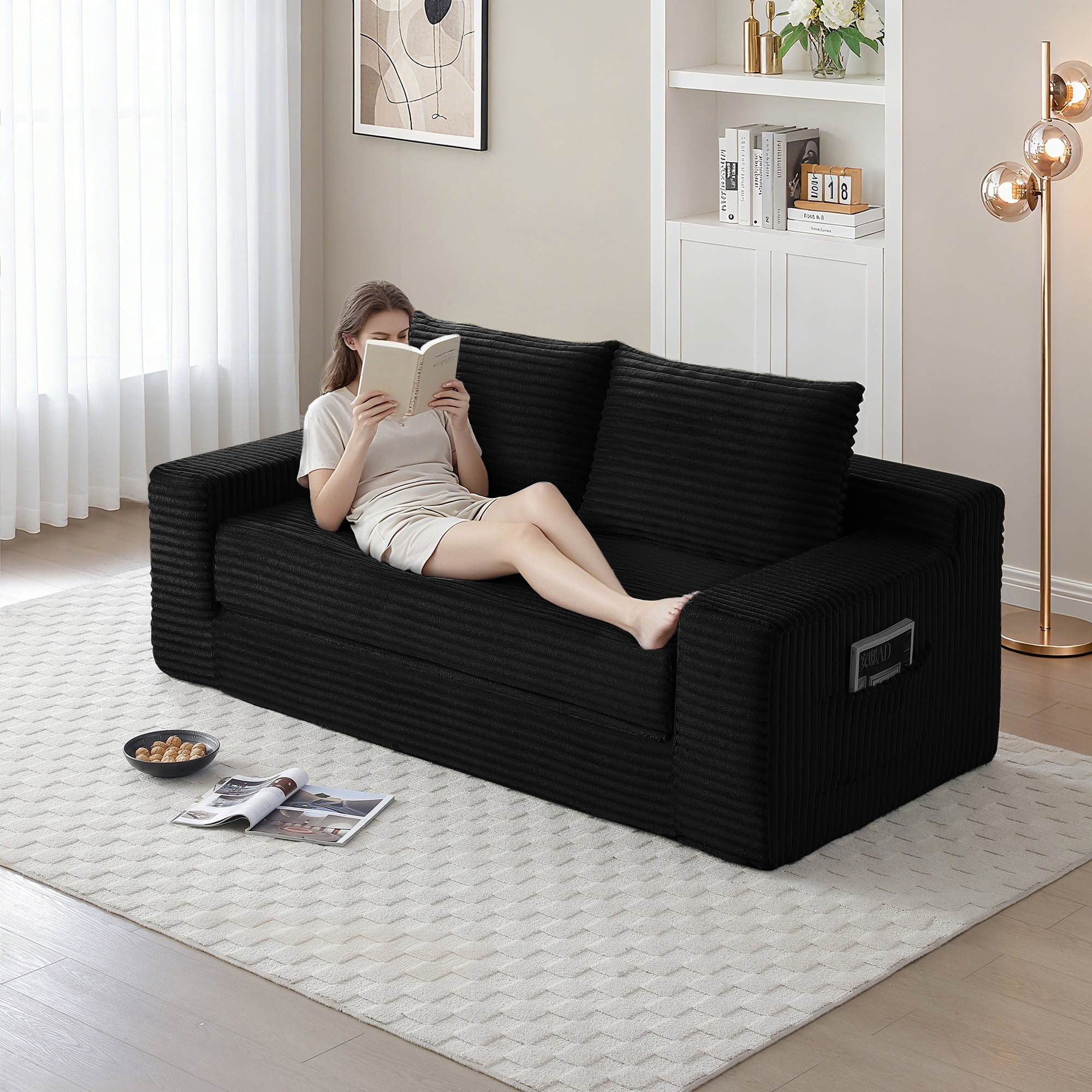 Miniyam Cloud Loveseat Sofa, 2 in 1 Convertible Folding Couch Bed, No Assembly Compressed Corduroy Floor Lounge Sofa for Apartment Office, Black