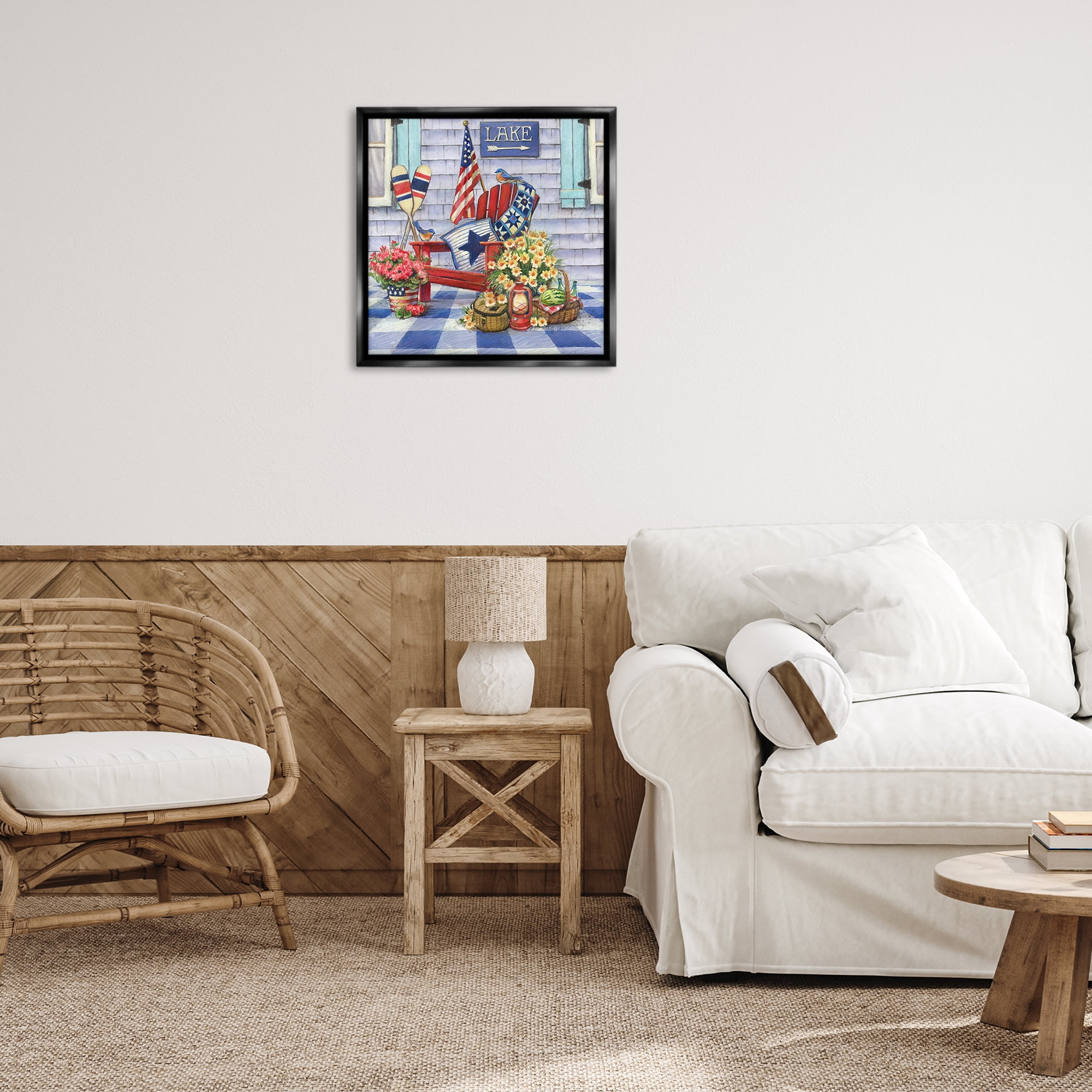 Stupell Industries Americana Porch View Patriotic Painting Black Floater Framed Canvas Art Print Wall Art, 25 x 25