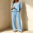 thumbnail image 7 of Zynoxe Linen Sets for Women Two Piece Summer Ruched V-neck Top Wide Leg Pants with Pockets Fashion Lounge Vacation Beach OutfitsLight BlueXL, 7 of 7