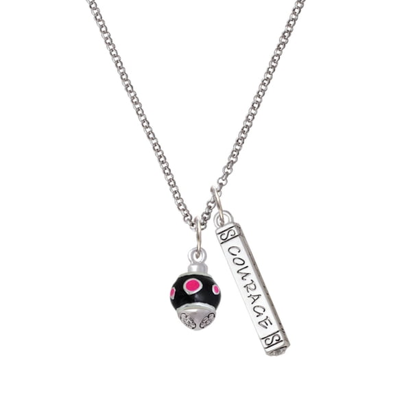 Delight Jewelry Silvertone Hot Pink Dots on Black Spinner Silvertone Courage Strength Wisdom Honesty Bar Charm Necklace, 23"
