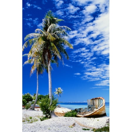French Polynesia Beach With Boat Wreck On Shore Canvas Art - Peter Stone Design Pics (12 x 19)