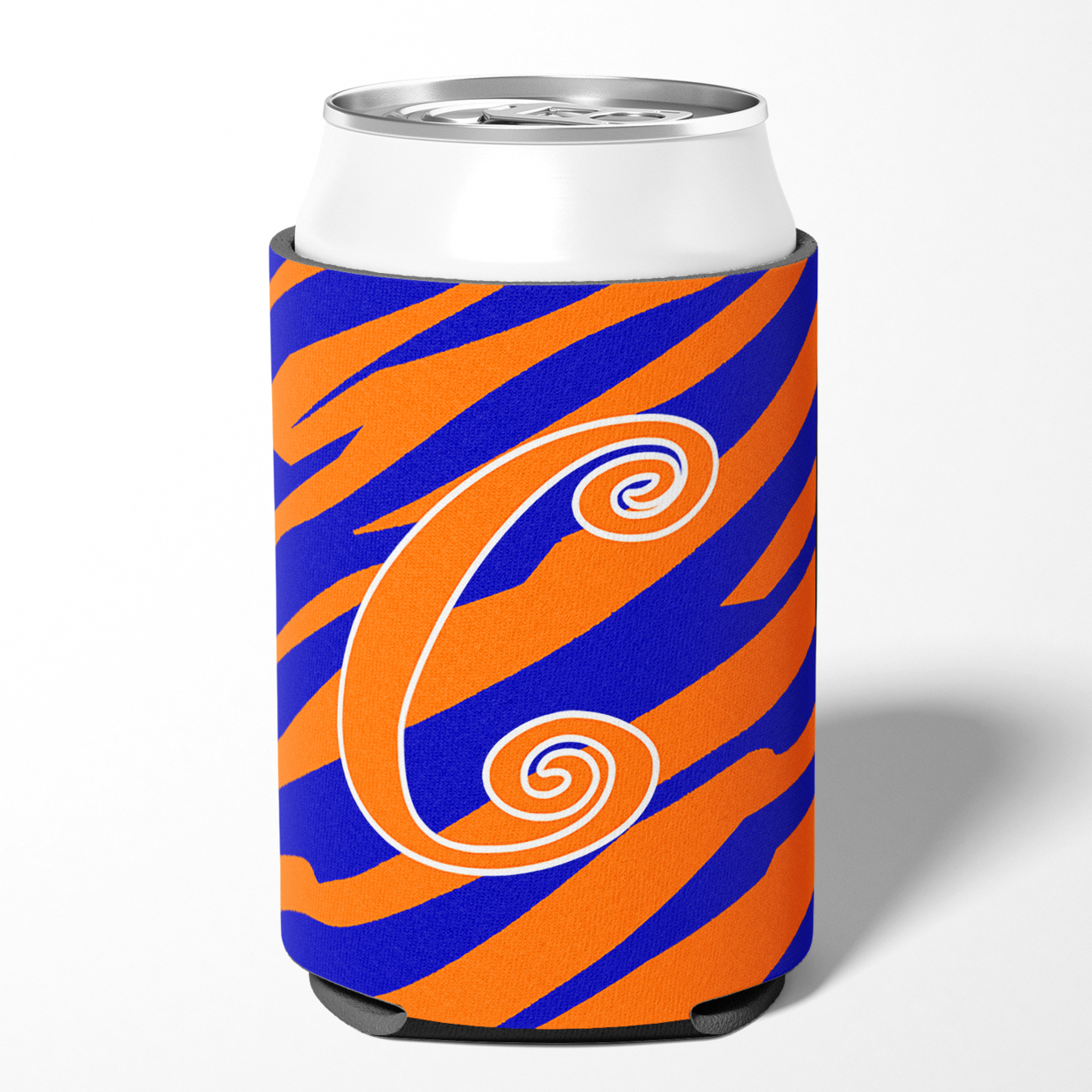 Letter C Initial Tiger Stripe Blue and Orange Can or Bottle Hugger