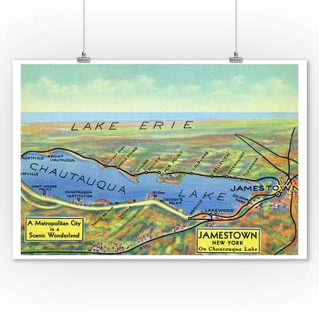 Chautauqua Lake, New York - Lake and Surrounding Towns - (1943) - Aerial Map (9x12 Art Print, Wall Decor Travel