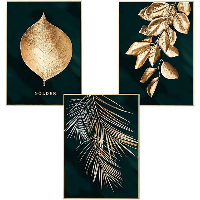 Juego de 3 carteles de pared CHAO diseño bosque hoja dorada palmera 30 x 40 cm Sin marco