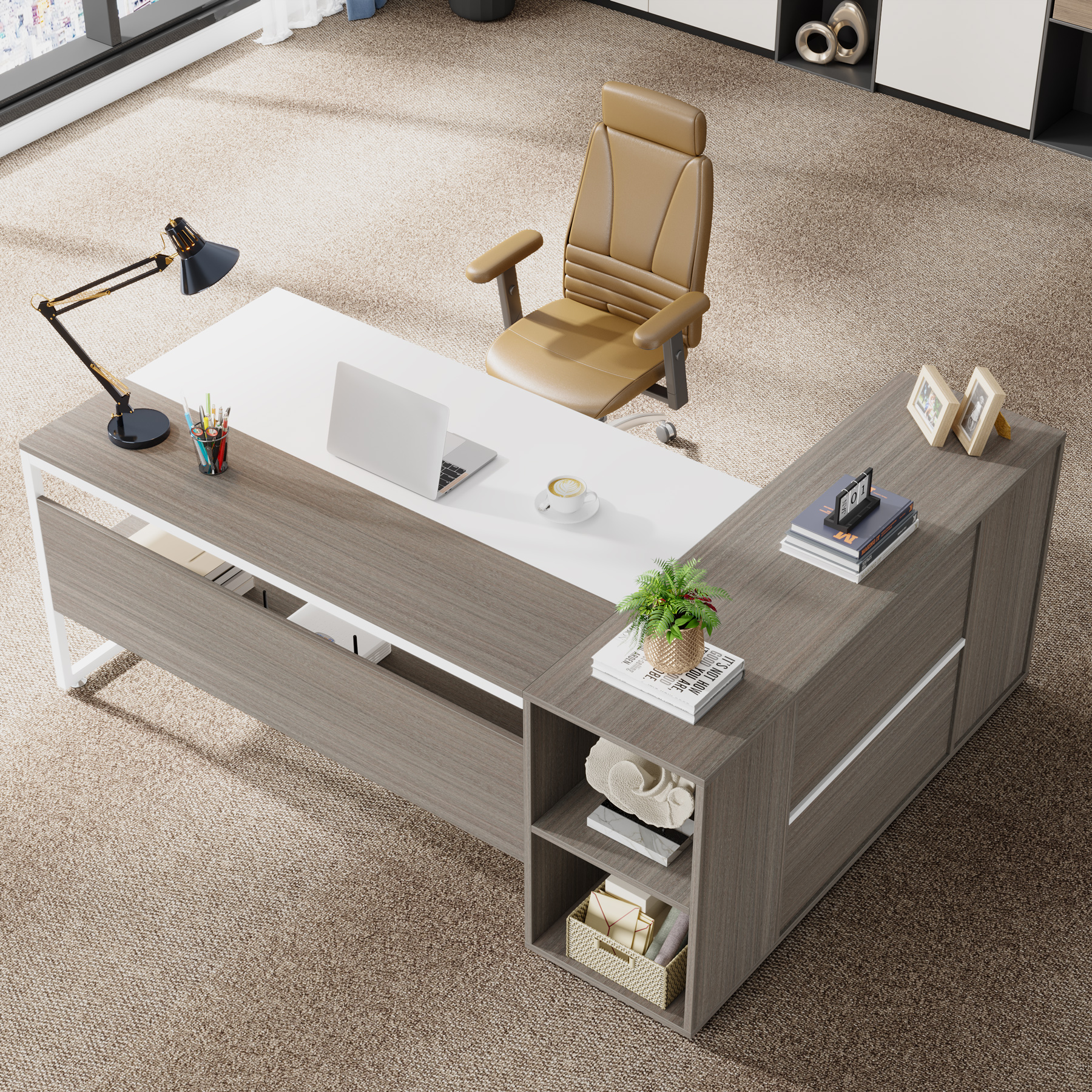 Tribesigns 71 inch L Shaped Executive Desk with Cabinet Storage, Rustic Brown Business Furniture Desk Workstation with Shelves for Home Office