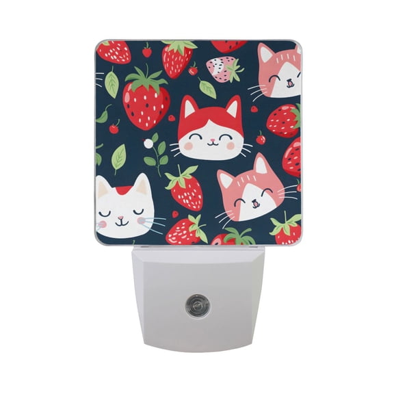 Cute Cat with Strawberry Night Light 2 Pack LED Nightlight Plug into Wall Dusk to Dawn Sensor Soft White