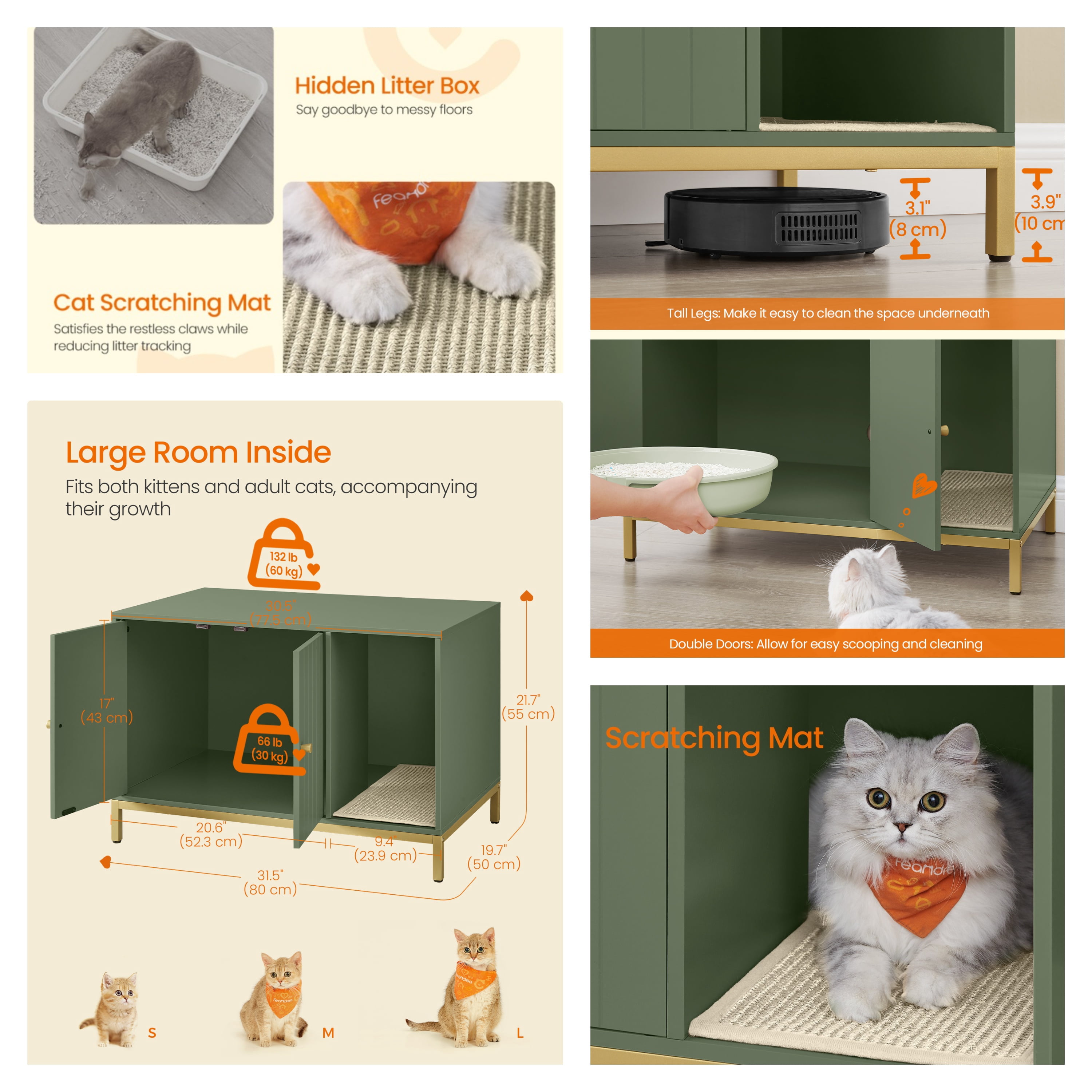 LEDREM Cat Litter Box Enclosure with Scratch Pad, Hidden Litter Box Furniture with Double Cabinet Doors, Side End Table, Forest Green and Gold