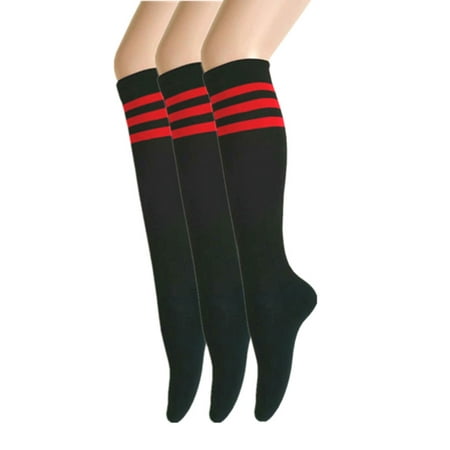 

Women and Girls Roller Skate Retro Triple Stripes Tube Knee High Socks In Black with Red Color 3 Pairs Package