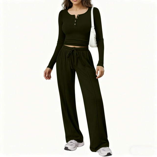 Karight Womens 2 Piece Sets Long Sleeve Slim Fit Crop Tops Wide Leg Pants Matching Lounge Set