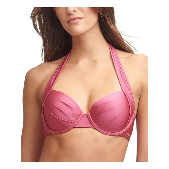 CALVIN KLEIN Women's Coral Stretch Pleated Molded Cup Swimwear Halter Bikini Top XL