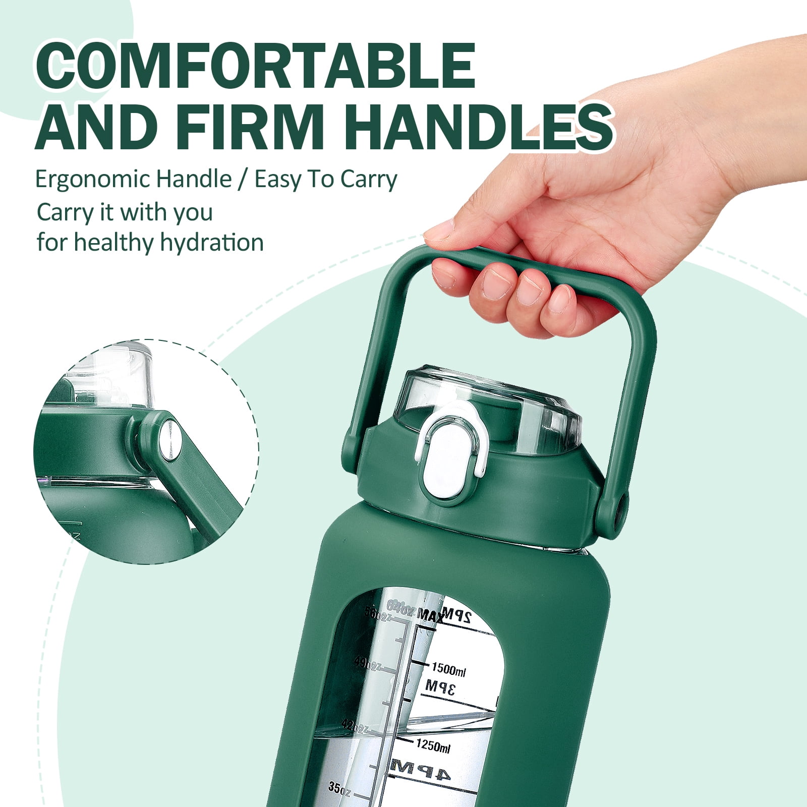 MUKOKO 64oz Glass Water Bottles, Motivational Glass Bottle with Silicone Sleeve, Straw and Time Marker, Leakproof Large Half Gallon Glass Water Jug for Gym Home Office, Dark Green