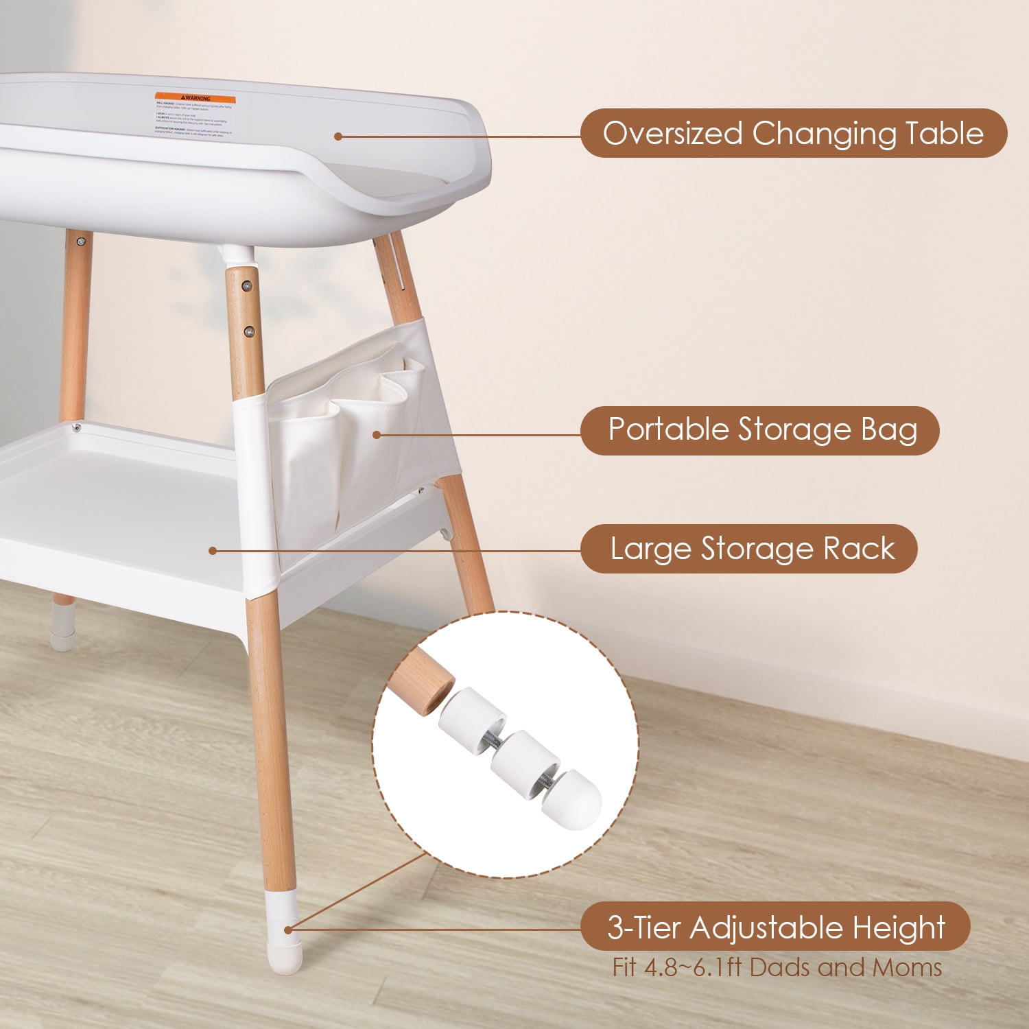 Beberoad Love Baby Changing Table with Changing Pad & Large Storage Rack, Height-Adjustable, White