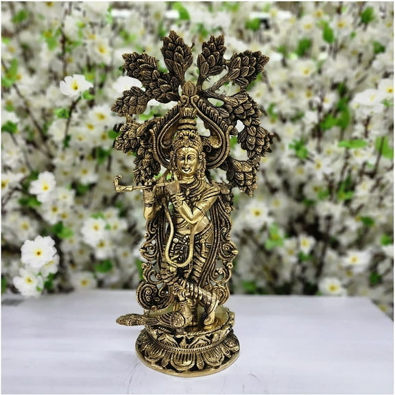 Krishna Under a Tree Lord Krishna Idol Brass Krishna Figurine Hindu God Statue Indian Handmade Krishna Murti Standing Krishna Sculpture Gift Indian Showpiece Decor Home Temple Decor - AtoZ India Cart