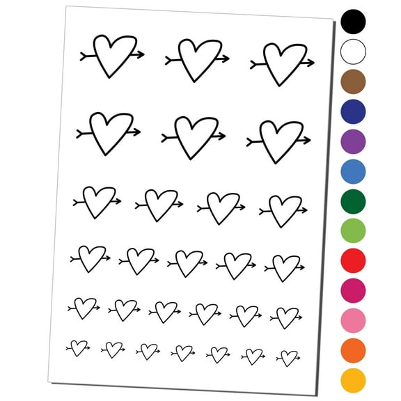 Heart Outline with Arrow Water Resistant Temporary Tattoo Set Fake Body Art Collection - Black