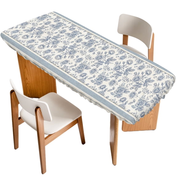 Blue Rose Blooms Fitted Rectangle Tablecloth 32" x 96" Rustic Floral Intricate Leaf Vines Linen Texture Elastic Table Cloth Fits for 8 Foot Folding Tables Waterproof Table Cover for Picnic Camping