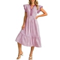 thumbnail image 1 of WRKEKC Robes Midi pour Femmes à Rayures à Double Volant Manches Courtes Col en V Midi Entretien Facile Extensible Confort Chic Doux, 1 of 5