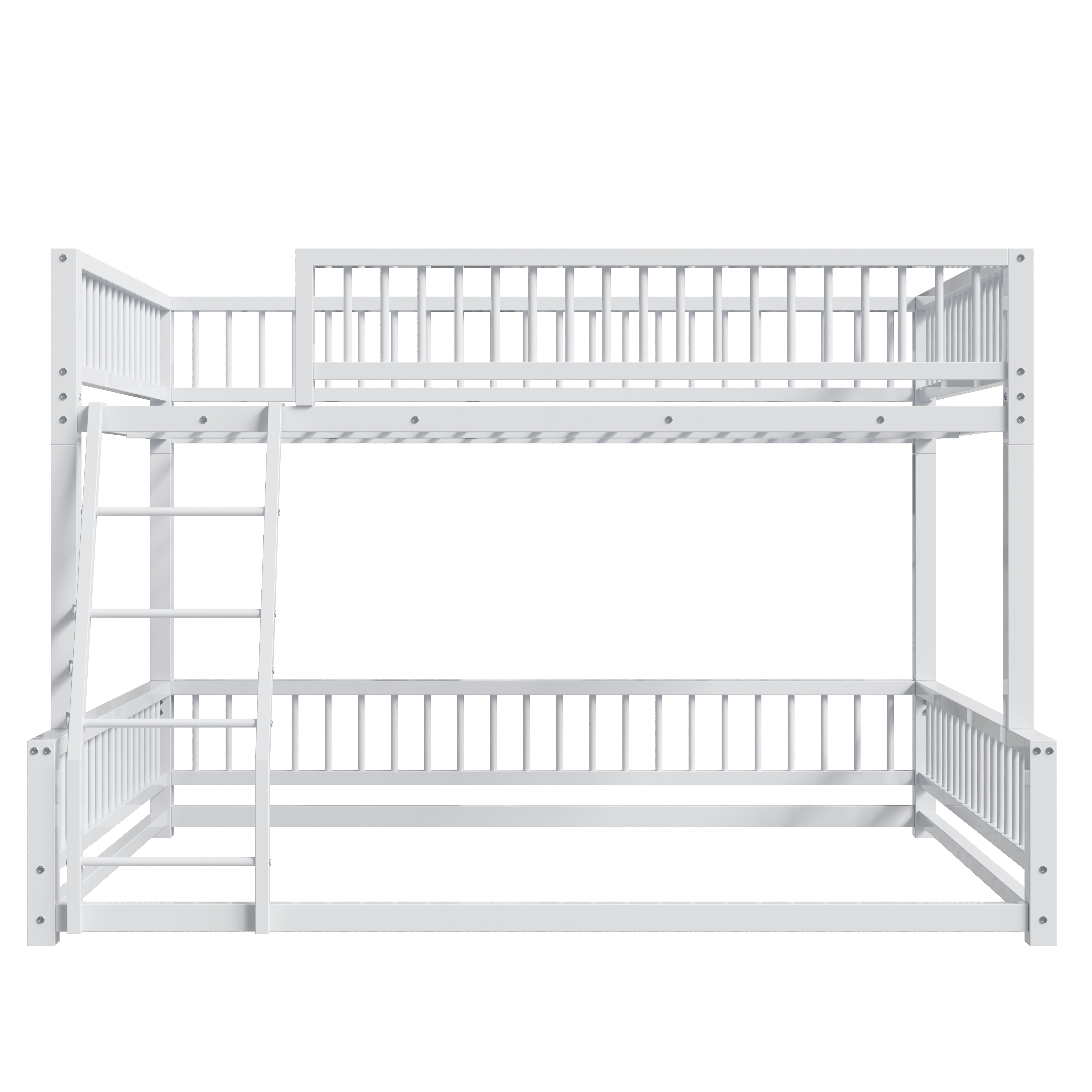 Leumius Full XL over Queen Bunk Bed,Heavy Duty Metal Bunk Beds for Adults and Kids,Floor Bed Frame with Ladder and Safety Guardrails, Easy Assemble,White