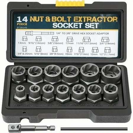 ASKITO 15Pcs Reverse Thread Nut Extractor Set Bolt Remover, 3/8" Drive Nut Remover of High Hardness, High Torque for Rusty, Stripped, Seized & Corroded Nuts - CR-MO Steel