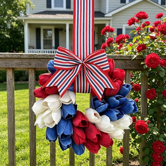Floleo Patriotic Wreath for Front Door 9.45 Inch, 4th of July Decor with American Flag Bow, Red White Blue Independence Day Memorial Day Veterans Day Wall Hanging Decoration