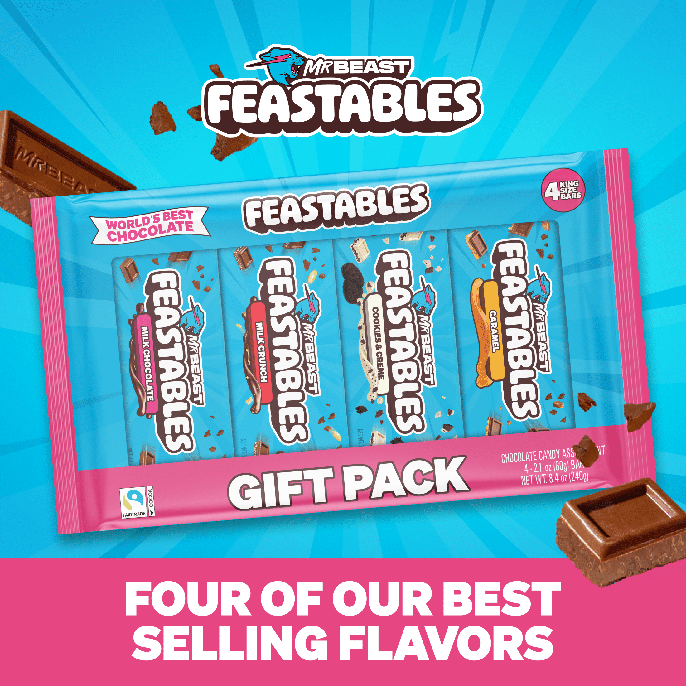 Feastables MrBeast Milk Chocolate Bars, Variety Gift Pack, 2.1 oz (60g), 4 count