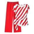 thumbnail image 4 of Women's 2 Piece Casual Outfit Diagonal Striped Asymmetrical Short Sleeve Top with Solid Color Elastic Waist Wide Leg Pants Breathable Daily Matching Set Red XL(XL), 4 of 5