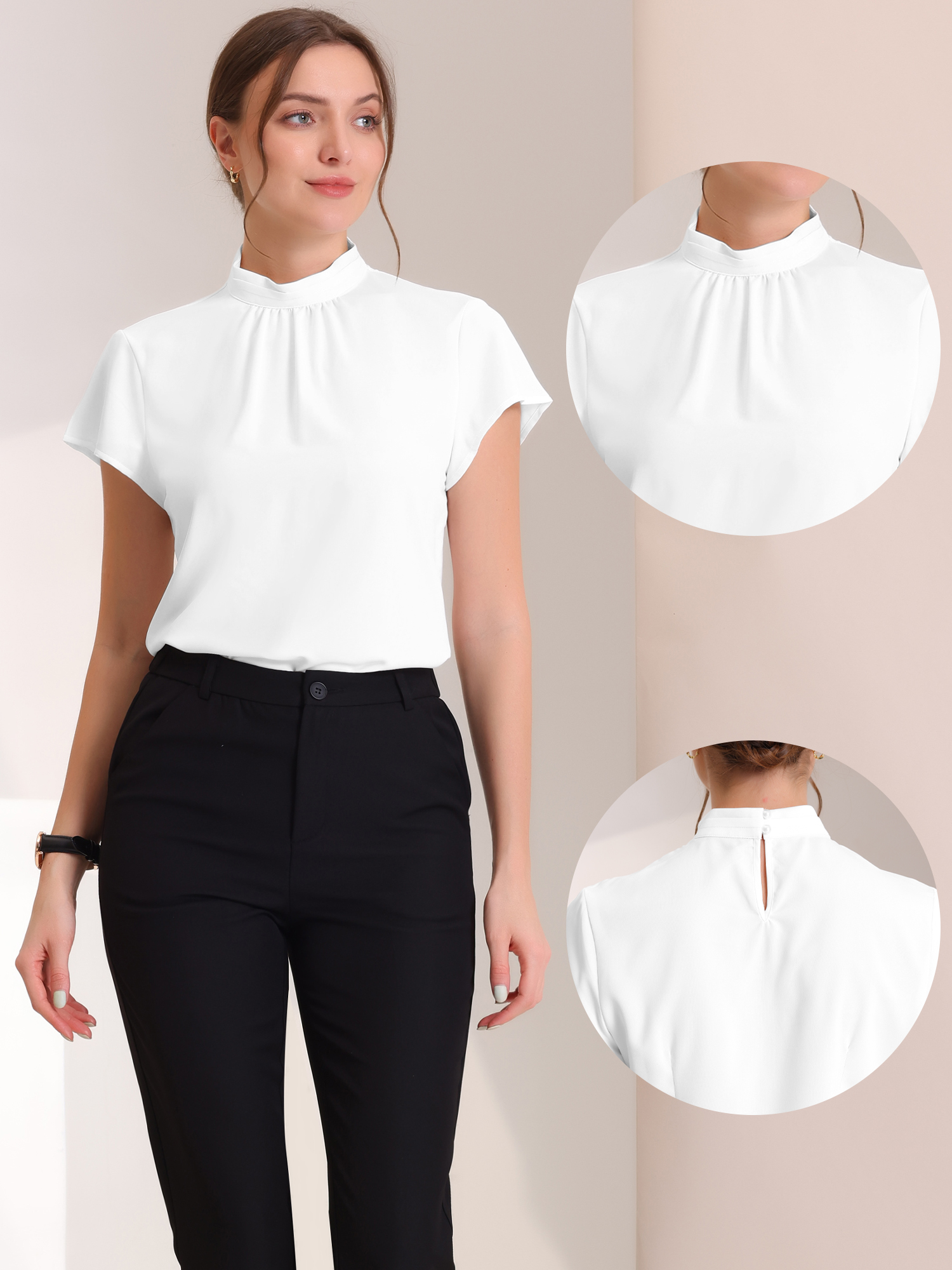 DARING DIVA Stand Collar Cap Sleeve Keyhole Back Blouse L White