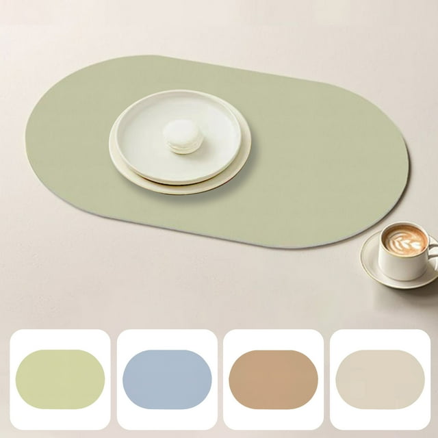 Mantel elíptico de piel sintética | Mantel de mesa antideslizante de color liso | Alfombrilla de café de doble cara resistente al calor | Fácil de limpiar | 17,7 x 11,8 pulgadas | Azul Verde Caqui