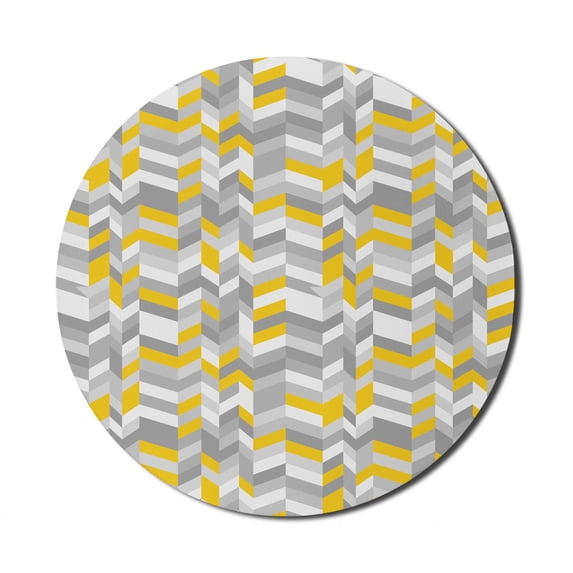 Grey and Yellow Mouse Pad for Computers, Geometric Vintage 60s Home Pattern Inspired Herringbone Zig Zag Lines, Round Non-Slip Thick Rubber Modern Gaming Mousepad, 8" Round, Grey Yellow, by Ambesonne