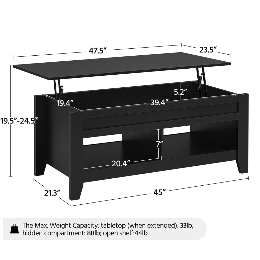 Alden Design 47.5" Lift Top Coffee Table with 2 Storage Compartments for Livingroom, Black