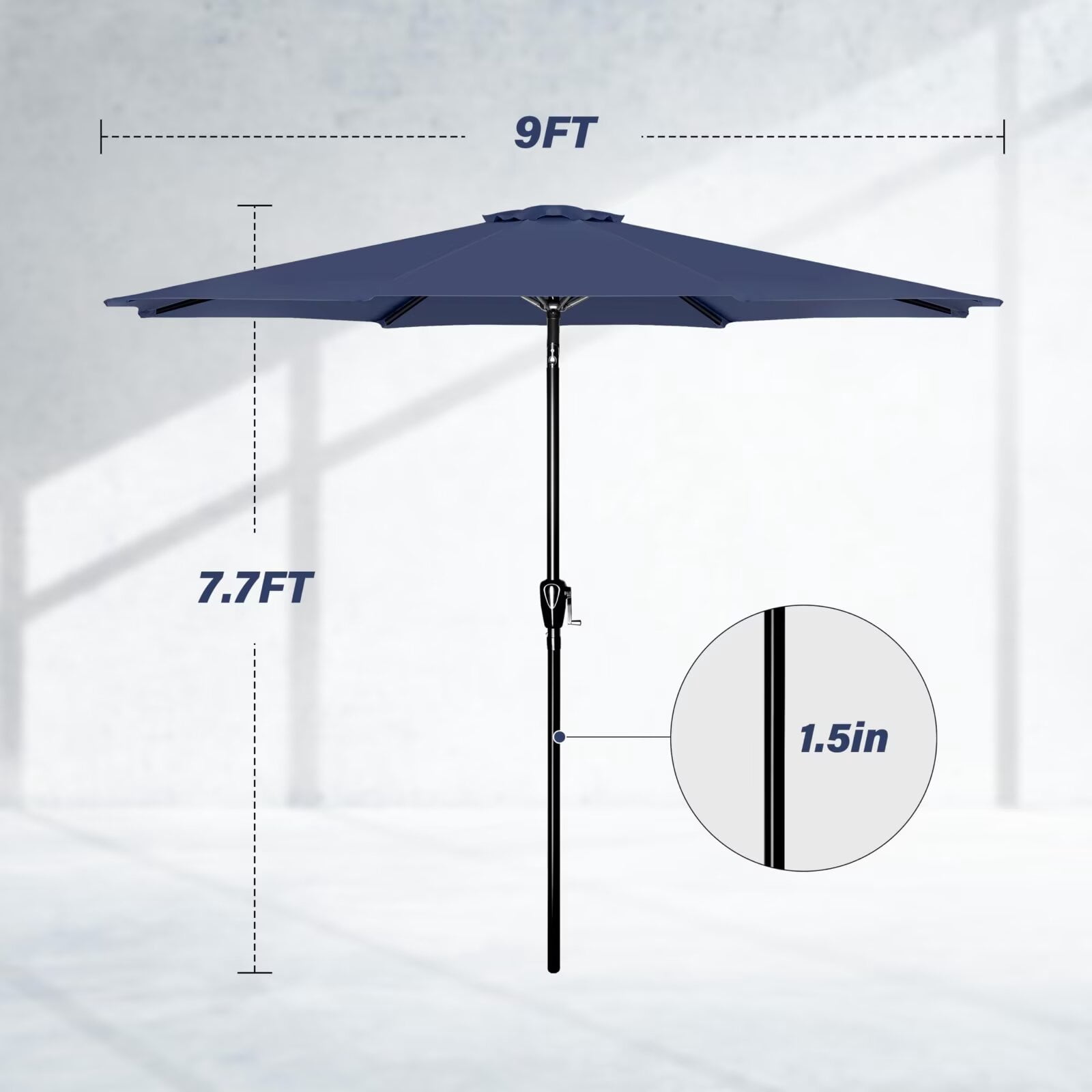 Simple Deluxe 9ft Outdoor Market Table Patio Umbrella with Button Tilt and 8 Sturdy Ribs, Dark Blue, 1 Pack