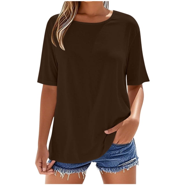 Yuyuzo T-Shirts for Women Casual Summer Half Sleeve Basic Tees Solid Color Loos Fitted Tops S-XXL