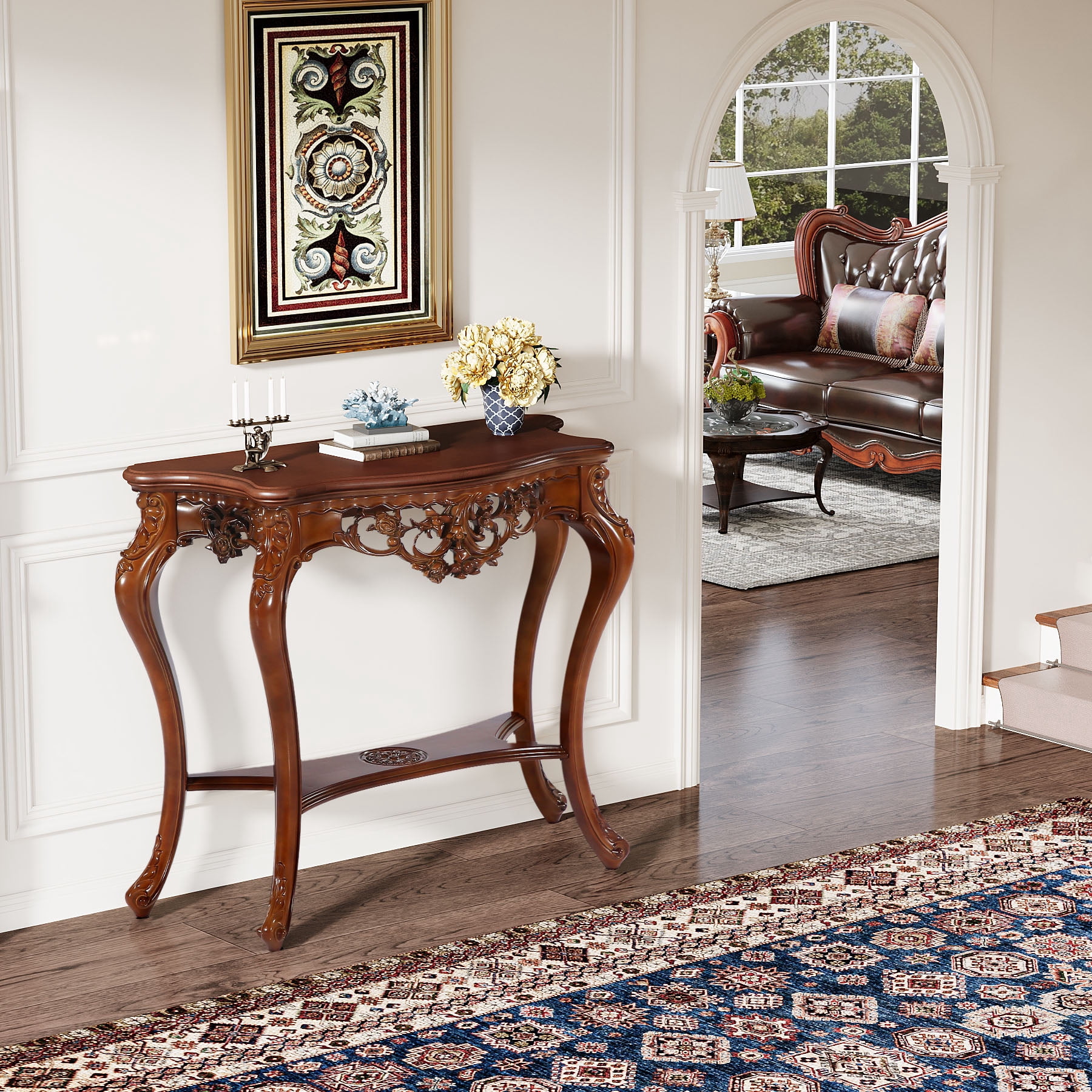 Tribesigns Vintage Carved Console Table , 38 inch Decorative Sofa Entryway Tables with Hollow Floral Apron and Cabriole Legs for Living Room, Hallway