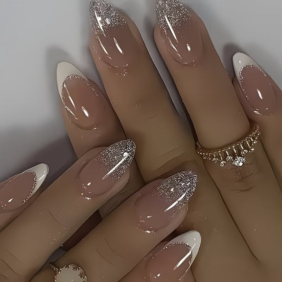 Set of 24 Medium Almond Press On Nails - Nude Glitter Ombre with Sparkly Pink Dot Matte for Elegant Nail Art