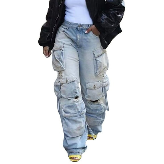 LGASWYX Women'S Cargo Pants High Waist Baggy Jeans Pocket Loose Denim Pants Streetwear (Blue,XL)