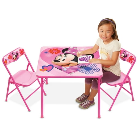 Disney Minnie Mouse Kids Erasable Activity Table Includes 2 Chairs with Safety Lock, Non-Skid Rubber Feet & Padded Seats